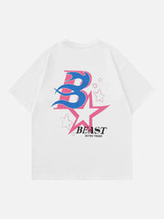 T-Shirt mit Flammenbuchstaben und Stern-Schaumdruck 