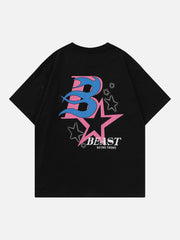 T-Shirt mit Flammenbuchstaben und Stern-Schaumdruck 