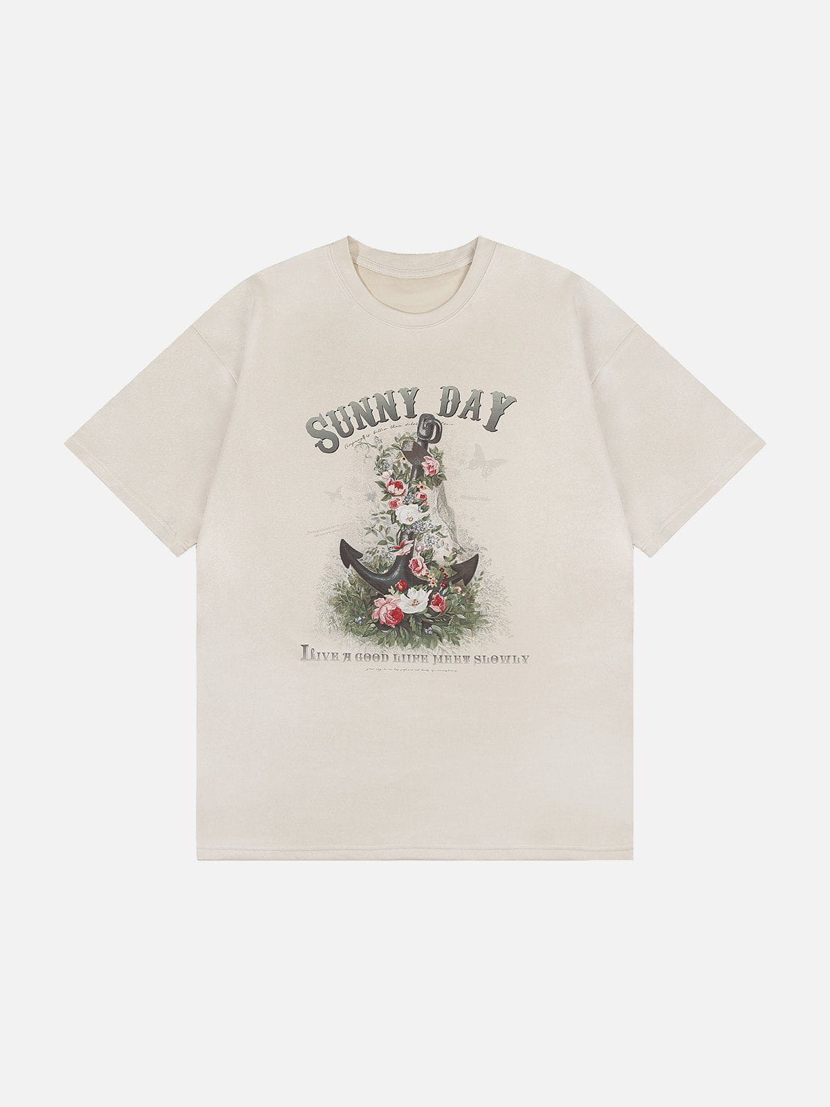 Wildleder-T-Shirt mit floralem Anker-Print 
