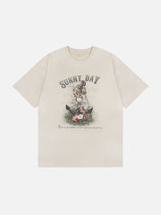Wildleder-T-Shirt mit floralem Anker-Print 