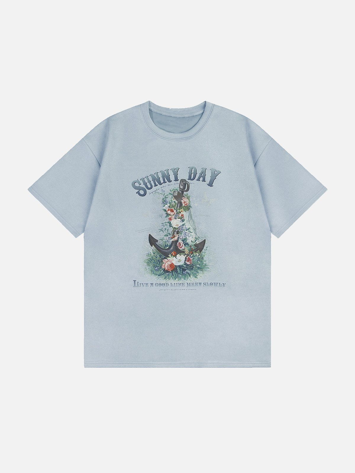 Wildleder-T-Shirt mit floralem Anker-Print 