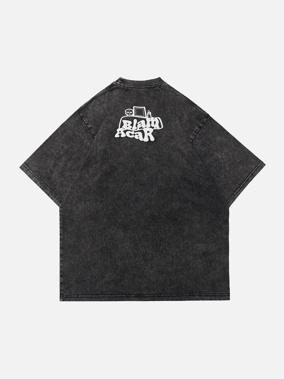 Gewaschenes T-Shirt mit Schaumdruck und Skelettelementen 