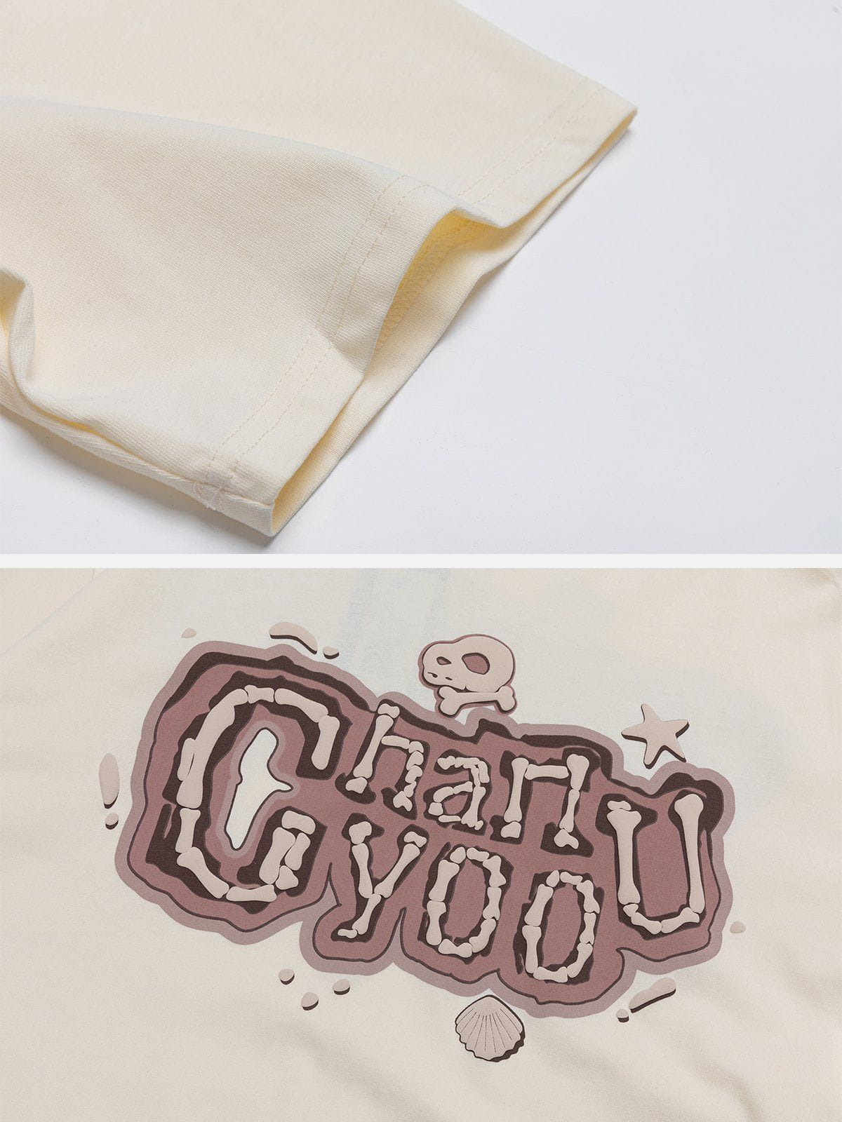 T-Shirt mit Totenkopf- und Buchstaben-Motiv aus Schaumstoff 