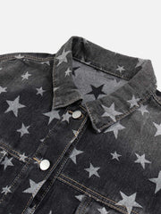 High Street Niche Design Pentagram Full Print Wash Vintage Denim Jacket -1433