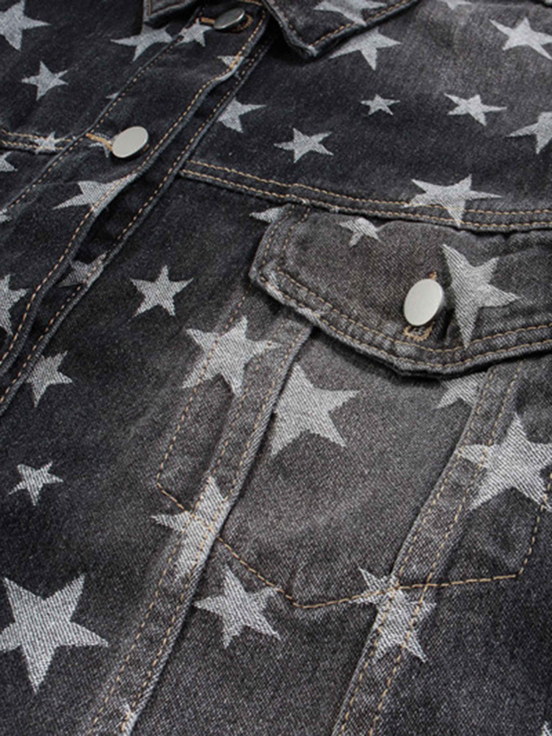 High Street Niche Design Pentagram Full Print Wash Vintage Denim Jacket -1433