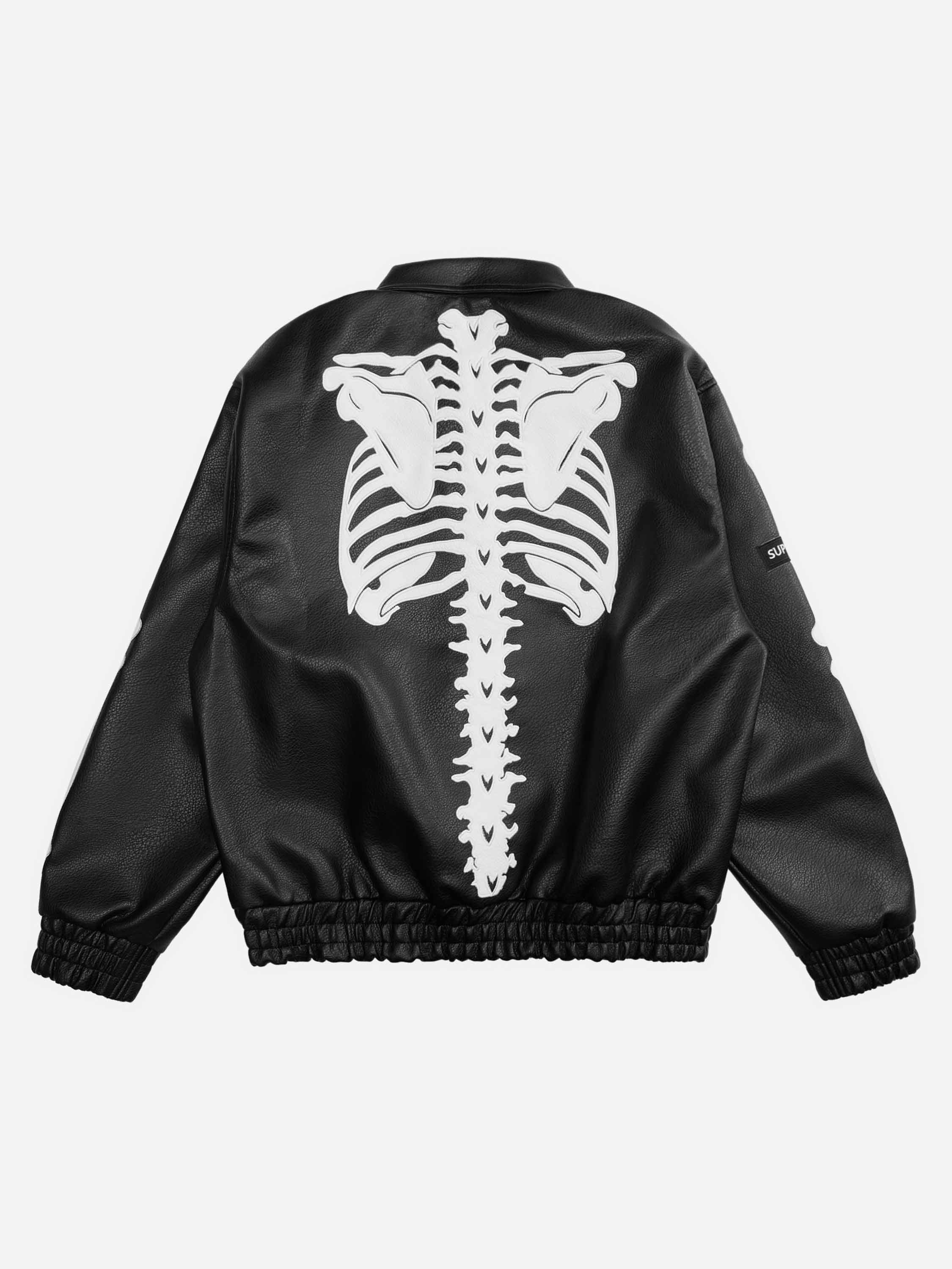 Hip Hop Bones Embroidered Leather Jacket - 1833