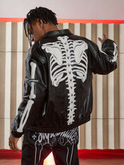 Hip Hop Bones Embroidered Leather Jacket - 1833