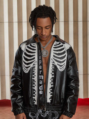 Hip Hop Bones Embroidered Leather Jacket - 1833