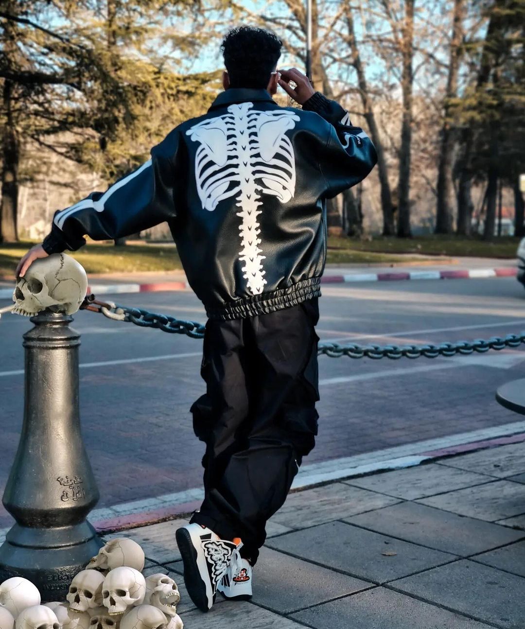 Hip Hop Bones Embroidered Leather Jacket - 1833