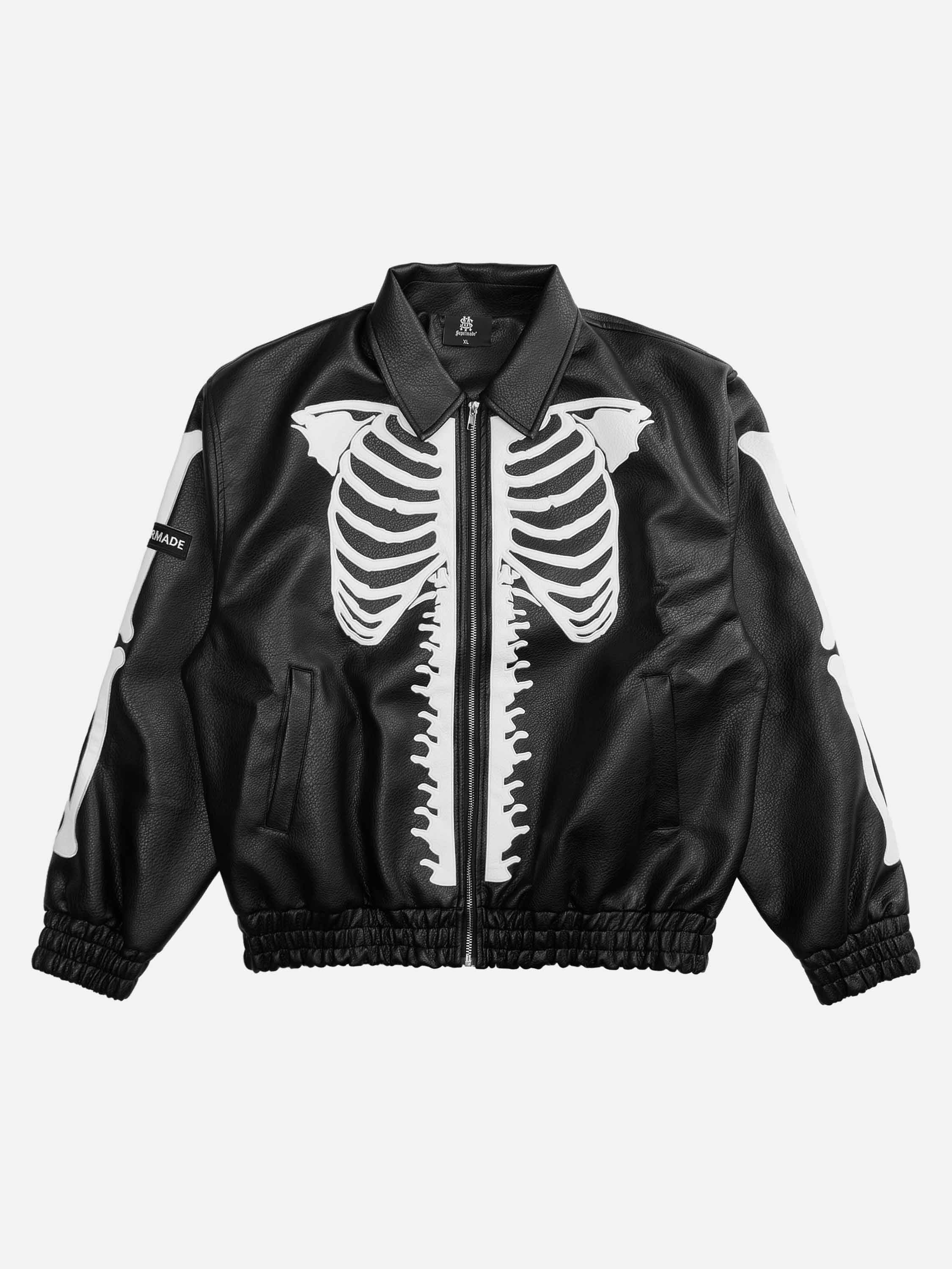 Hip Hop Bones Embroidered Leather Jacket - 1833