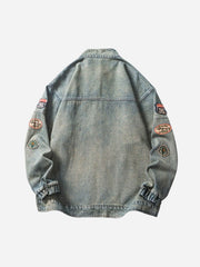 Hip-hop Badge Embroidered Do-over Denim Jacket - 1911