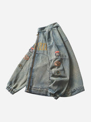 Hip-hop Badge Embroidered Do-over Denim Jacket - 1911