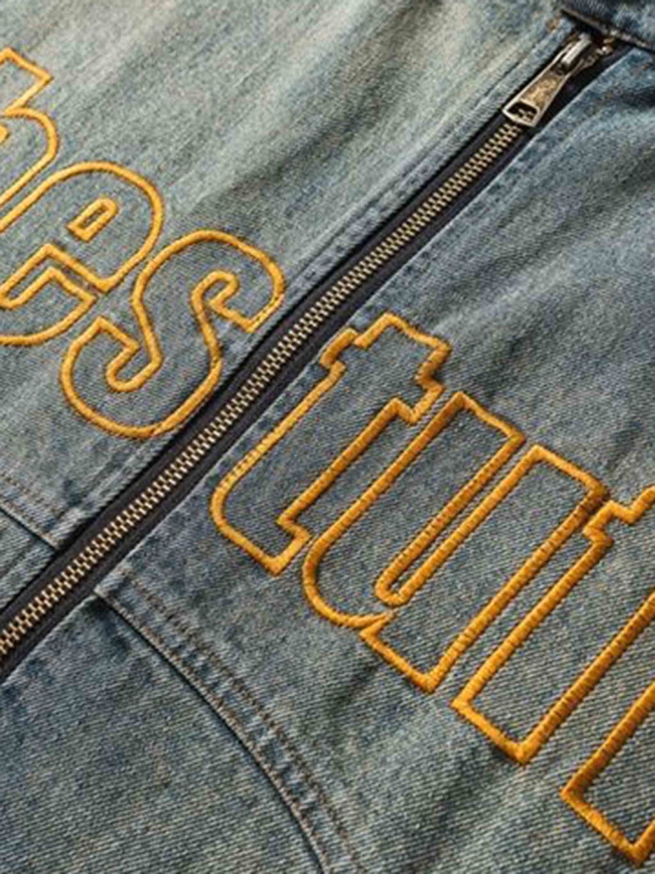 Hip-hop Badge Embroidered Do-over Denim Jacket - 1911