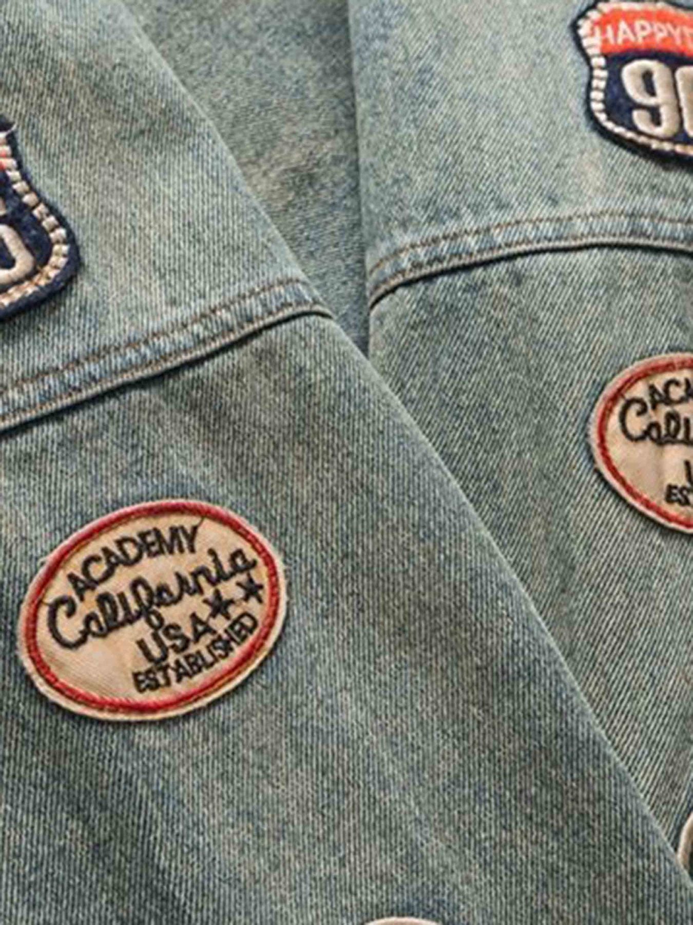 Hip-hop Badge Embroidered Do-over Denim Jacket - 1911