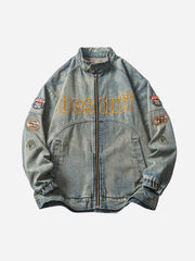 Hip-hop Badge Embroidered Do-over Denim Jacket - 1911