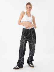 Hip-hop High Street Design Sense Spider Web Denim Straight Leg Pants-1512