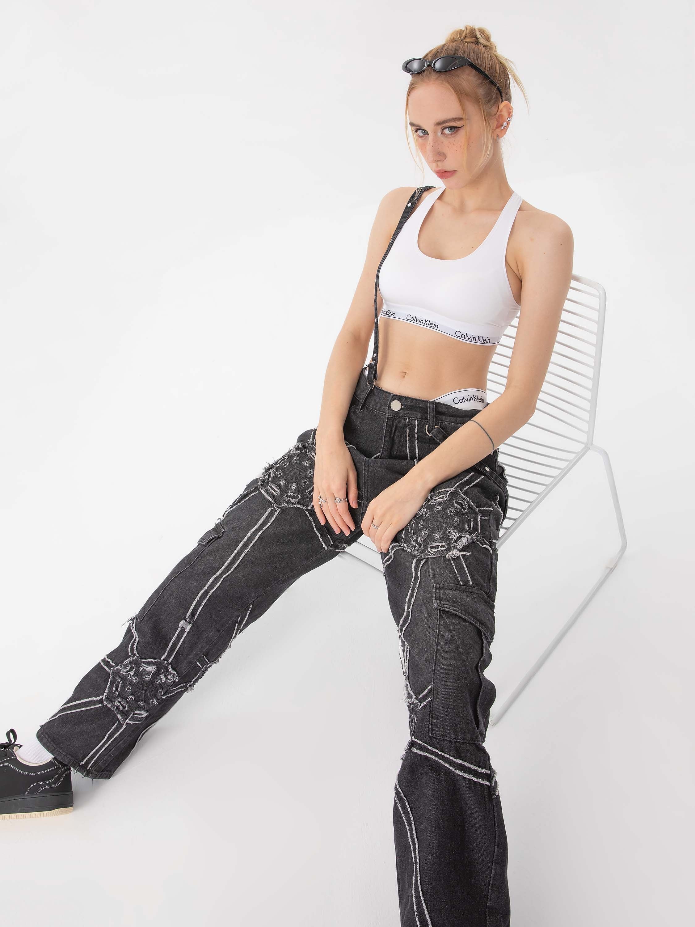 Hip-hop High Street Design Sense Spider Web Denim Straight Leg Pants-1512