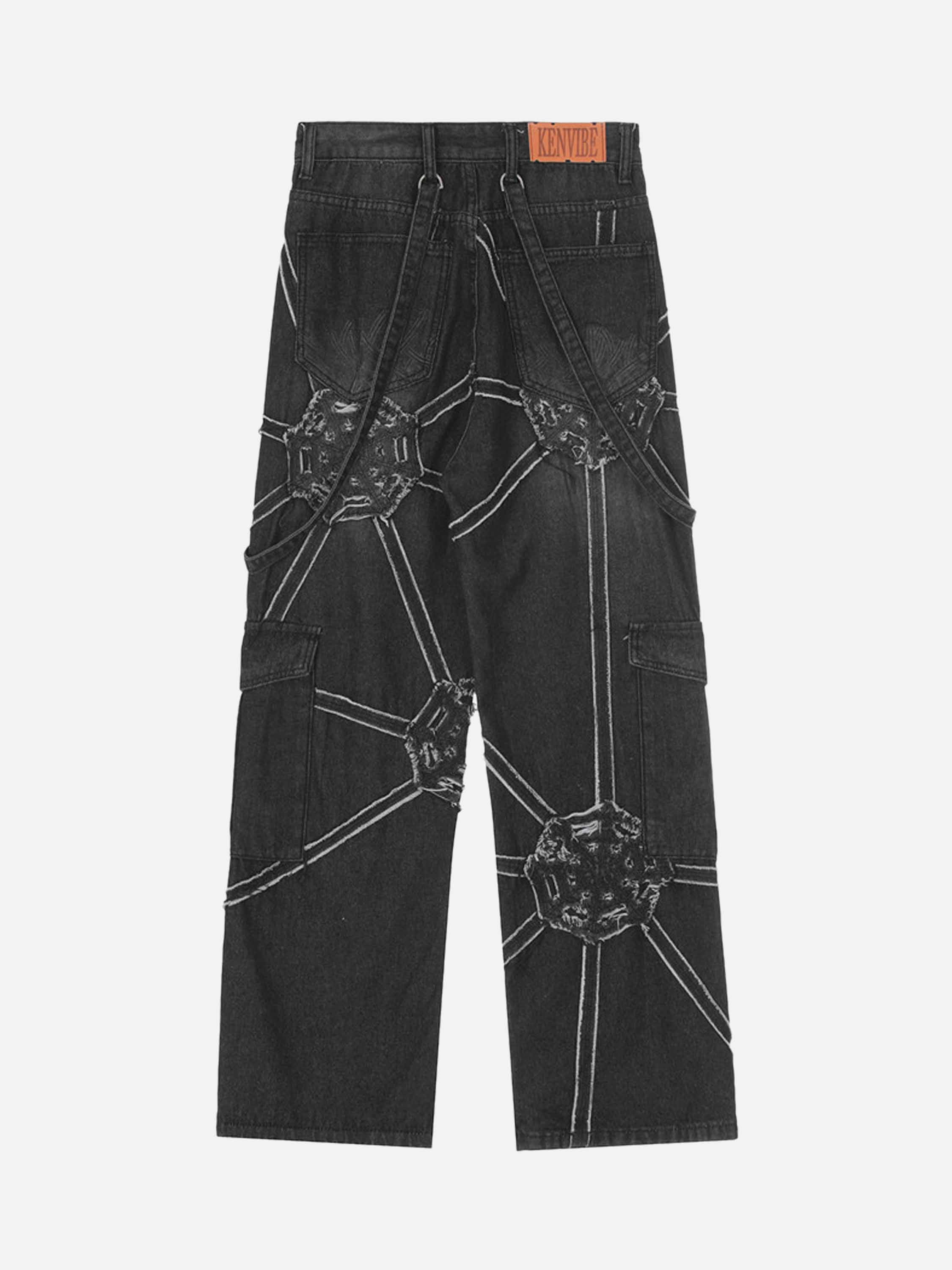 Hip-hop High Street Design Sense Spider Web Denim Straight Leg Pants-1512