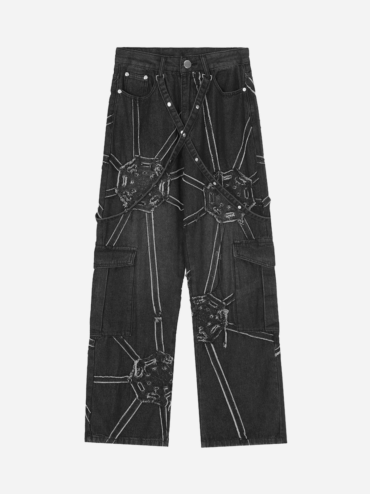 Hip-hop High Street Design Sense Spider Web Denim Straight Leg Pants-1512