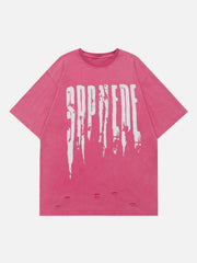 Hole Letter Print Washed Tee