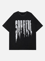 Hole Letter Print Washed Tee