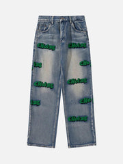 Letter Flocking Distressed Straight Jeans -1047