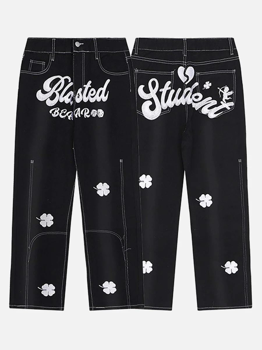 Letter Lucky Clover Embroidered Baggy Jeans - 1162