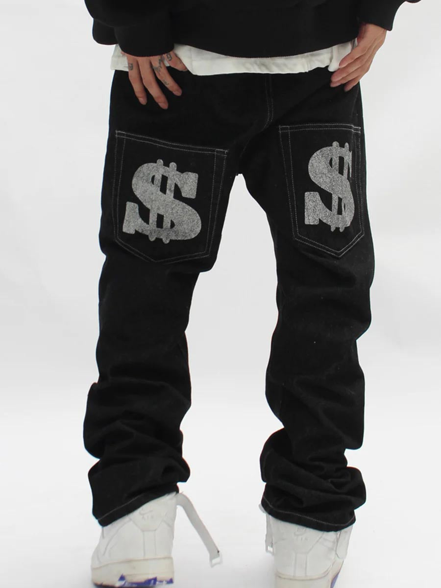 Letter Print Dollar Black Baggy Jeans -1024