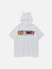 Letter Print Ripped Hooded Tee
