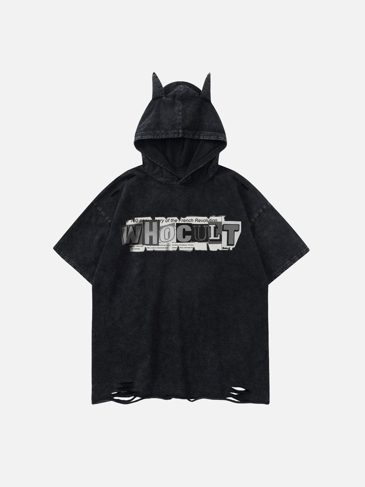 Letter Print Ripped Hooded Tee
