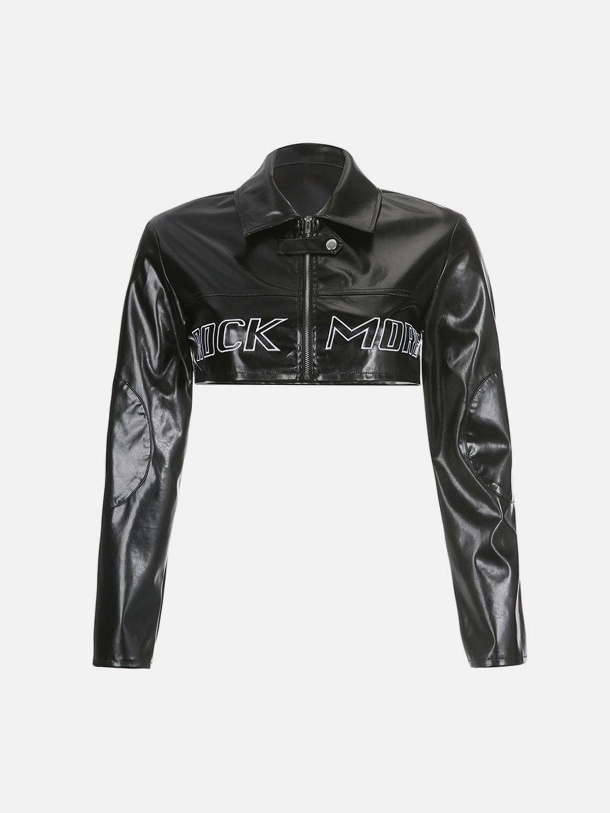 Lettering Embroidery PU Fold-over Jackets