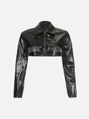 Lettering Embroidery PU Fold-over Jackets