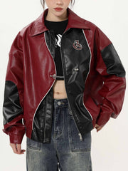 Loose Patchwork PU Leather Jacket - 1869