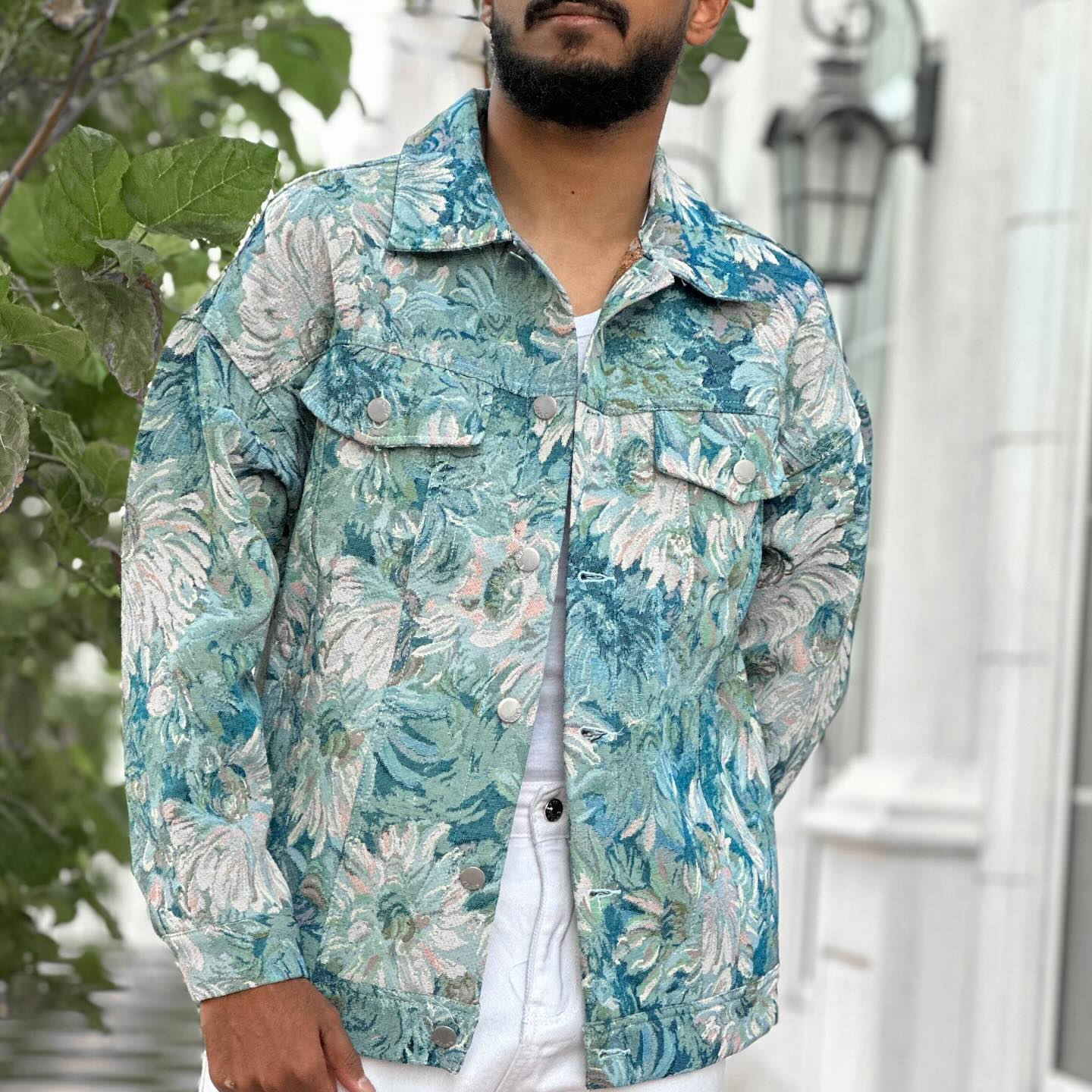 Oil Painting Jacquard Flower Denim Jacket -1286