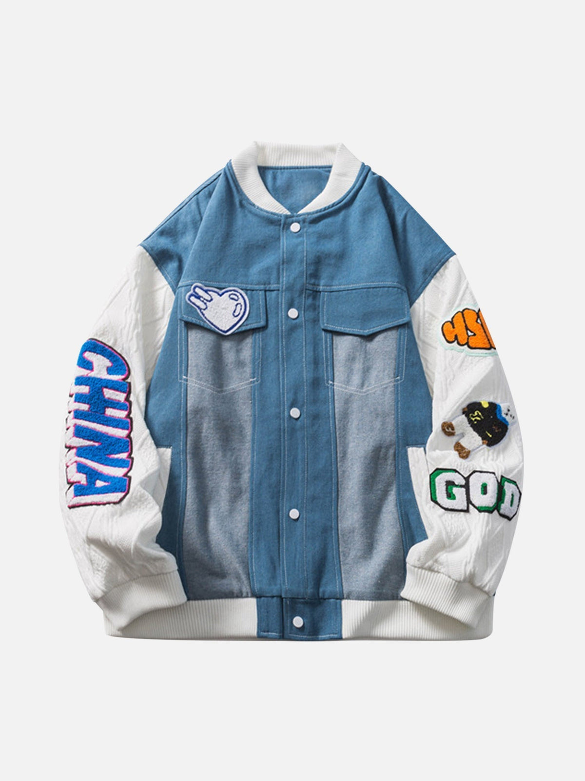 Patch Embroidered Denim Patchwork Baseball Jacket