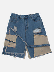 Patchwork Irregular Ripped Hole Denim Short -1249