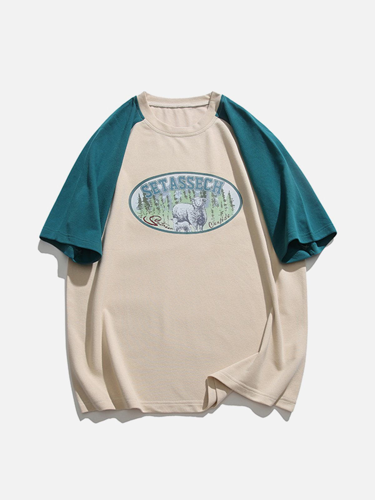 T-shirt à manches patchwork et imprimé mouton 