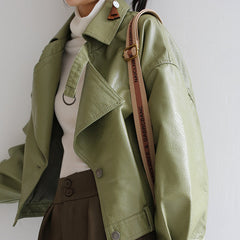 Spring Autumn Green Leather Jacket