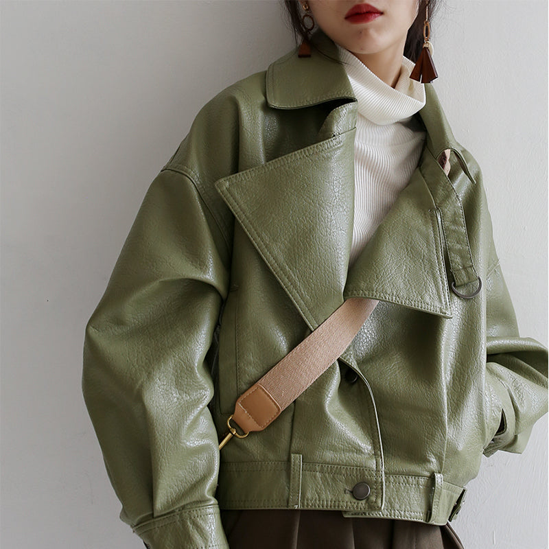 Spring Autumn Green Leather Jacket