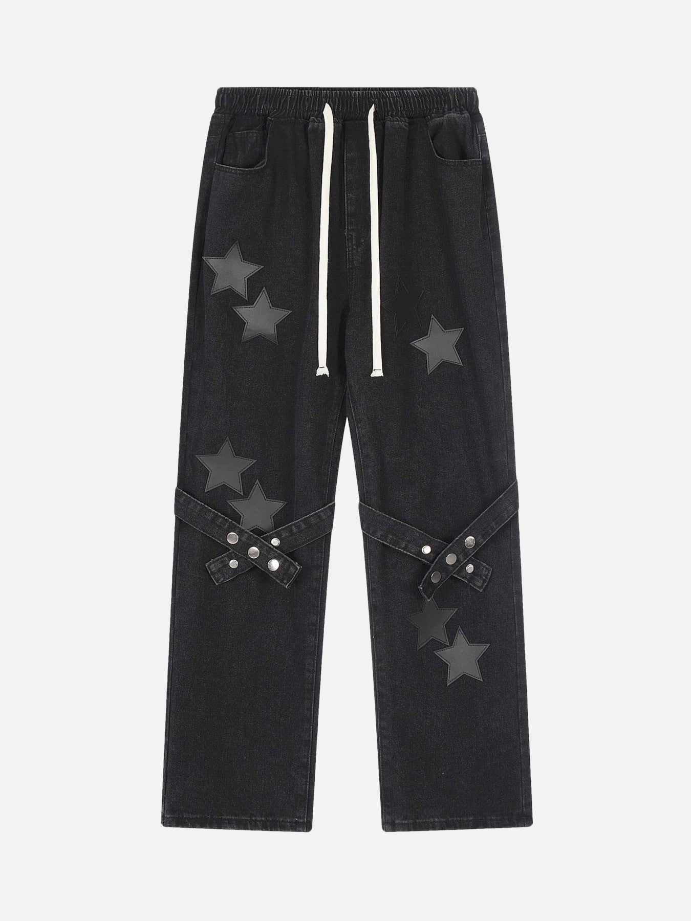 Star Embroidered Flutter Belt Elastic Waist Jeans