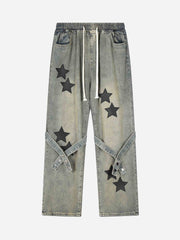 Star Embroidered Flutter Belt Elastic Waist Jeans