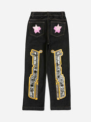 Star Letter Print Jeans - 1594