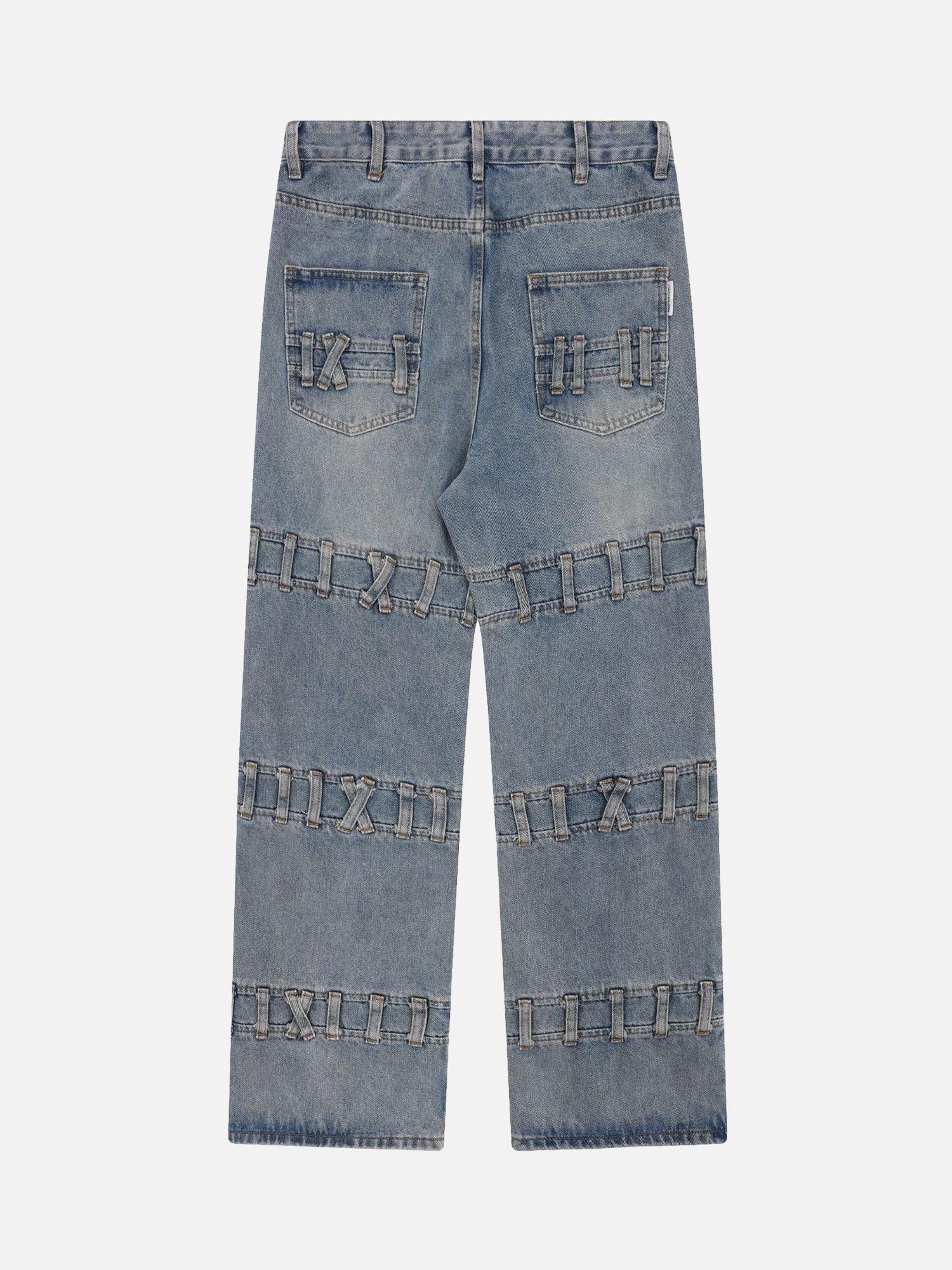 Street Fashion Creative Trouser Loop Design Washed Jeans