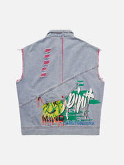 Gilet en jean déchiré imprimé graffiti hip-hop 