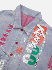 Gilet en jean déchiré imprimé graffiti hip-hop 