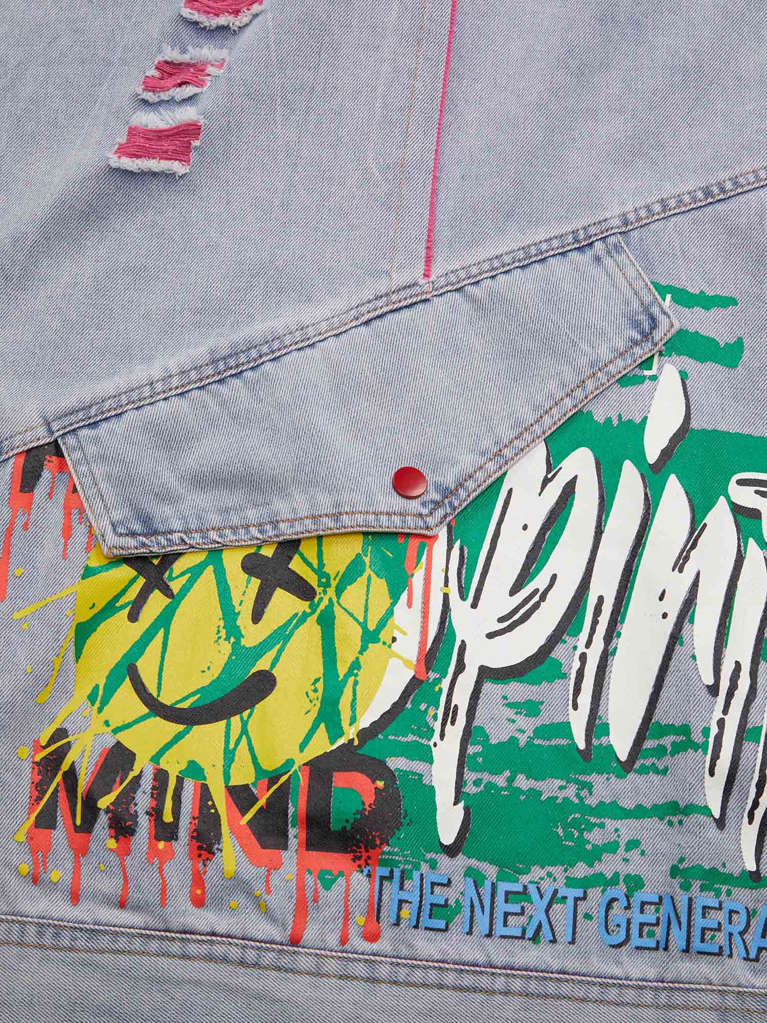 Gilet en jean déchiré imprimé graffiti hip-hop 