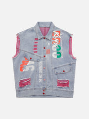 Gilet en jean déchiré imprimé graffiti hip-hop 