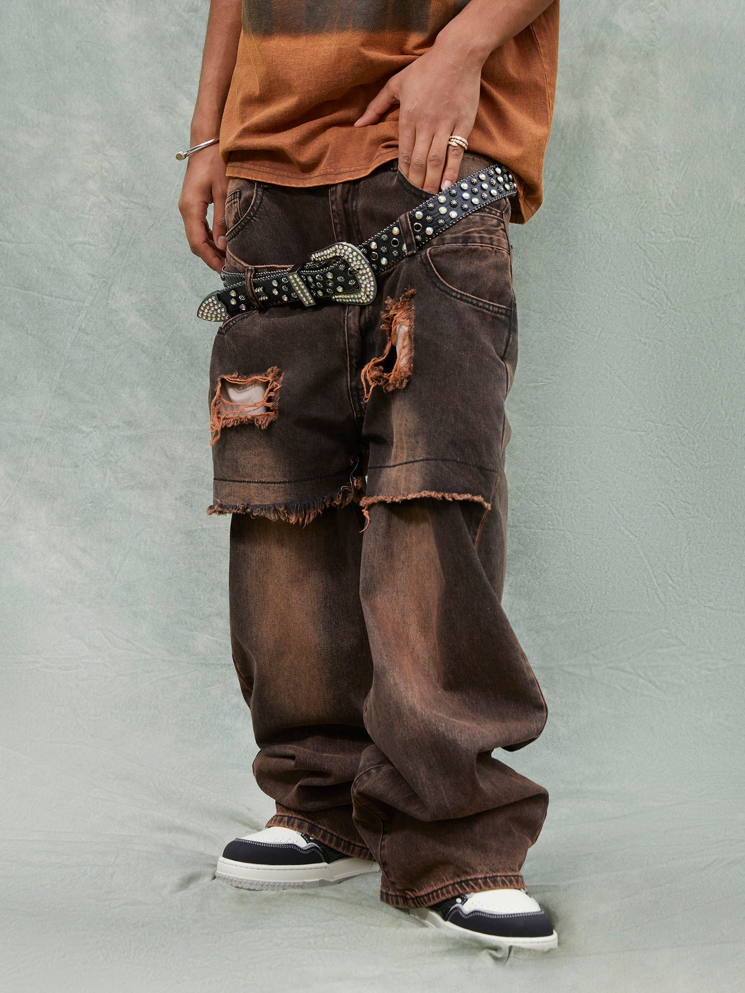 Street Style Raw Edge Double Platet Design Ripped Jeans