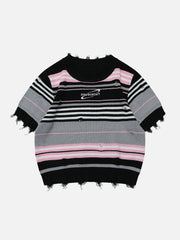 T-shirt en tricot rayé à bords bruts 