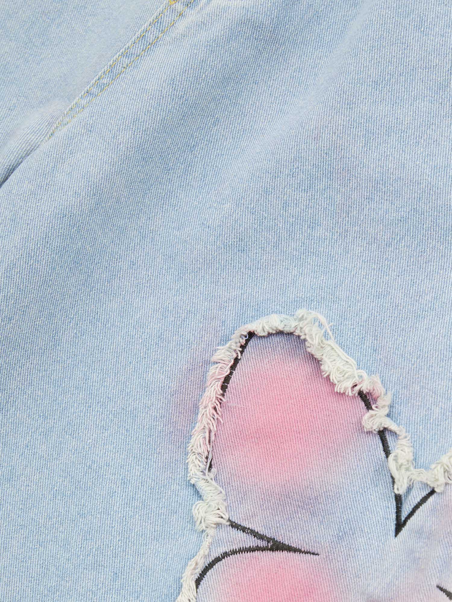 Tie-dye Butterfly Embroidered Raw Edge Jeans